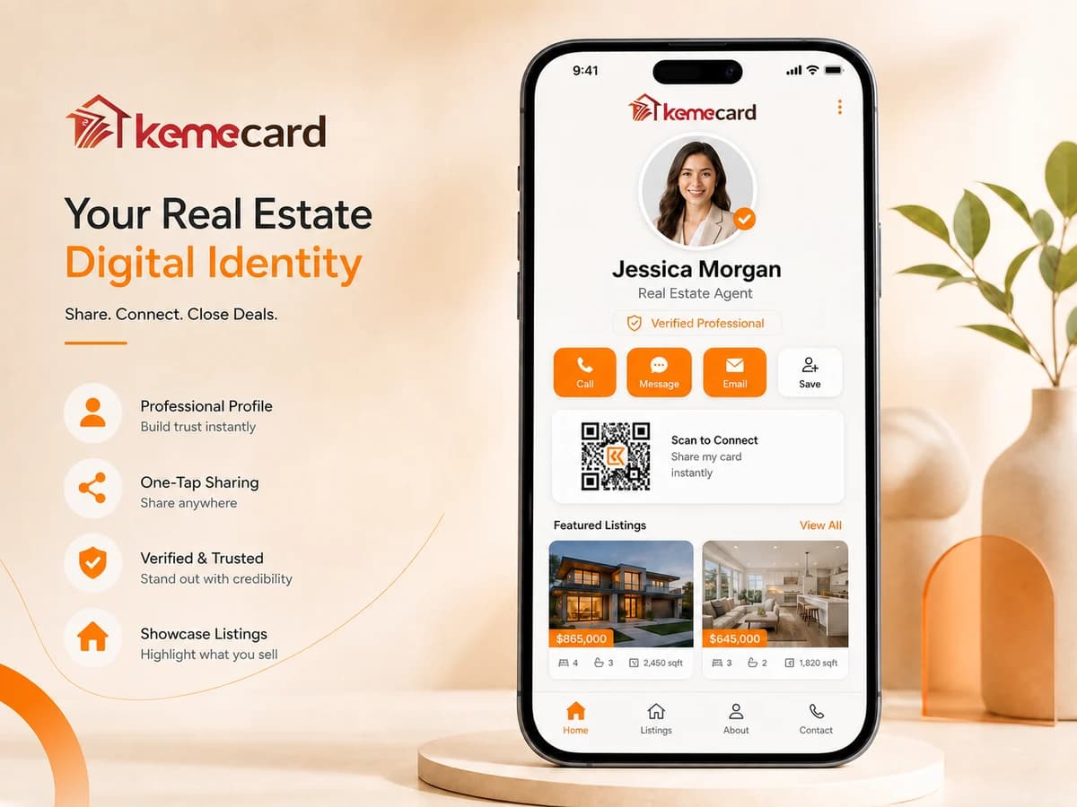 KemeCard public profile showing verified identity, contact actions, QR code, and property listings